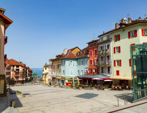 Old town buildings in Evian-les-Bains city, France